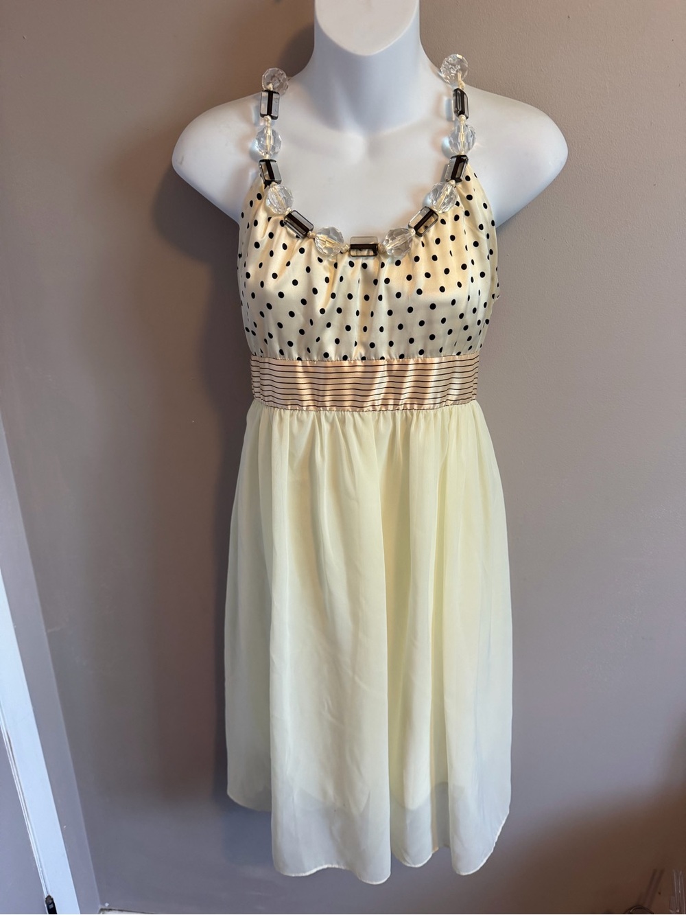 Point Polka Dot Halter Dress Beaded Neckline Chiffon Yellow Cream M